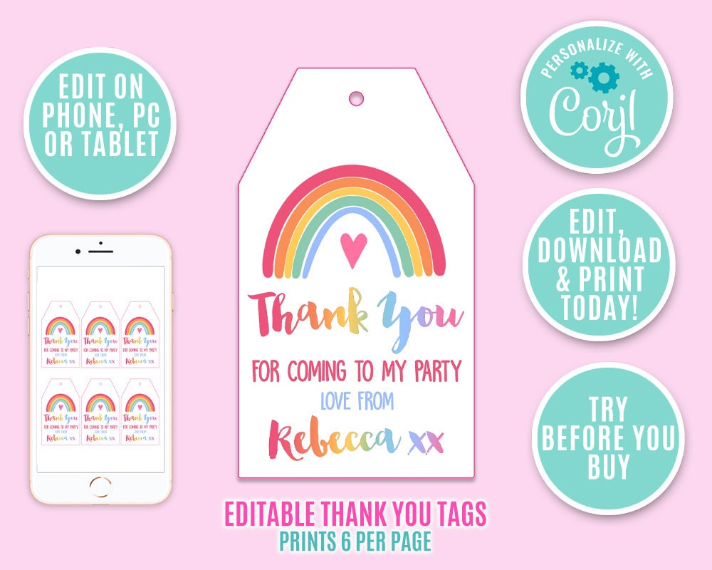 Editable Rainbow Thank You Tags Favor Tags Rainbow Birthday | Etsy