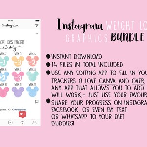 May include: A pink and white graphic design for an Instagram post promoting a weight loss tracker bundle. The design features a cartoon mouse with a number on each ear. The text "Instagram Weight Loss Graphics Bundle" is at the top of the design. The text "INSTANT DOWNLOAD" is in a black circle with a white dot. The text "14 FILES IN TOTAL INCLUDED" is in a black circle with a white dot. The text "USE ANY EDITING APP TO FILL IN YOUR TRACKERS (I LOVE CANVA AND OVER, BUT ANY APP THAT ALLOWS YOU TO ADD TEXT WILL WORK, JUST USE YOUR FAVOURITE ONE)" is in a black circle with a white dot. The text "SHARE YOUR PROGRESS ON INSTAGRAM, FACEBOOK, OR EVEN BY TEXT OR WHATSAPP TO YOUR DIET BUDDIES!" is in a black circle with a white dot.