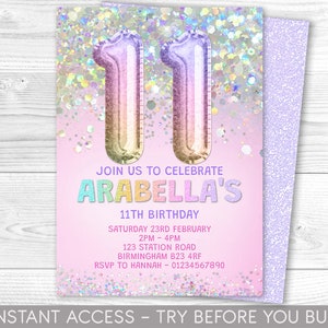 Editable 11th Birthday Invitation Template Rainbow Glitter Birthday Invite Foil Pastel Girls 11th Birthday Download Digital Printable