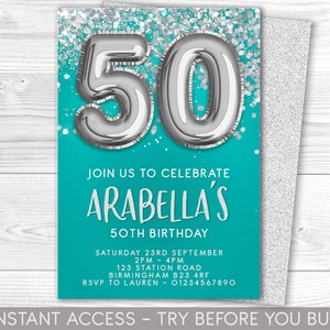 50th Birthday Invitation Editable 50th Invite Teal Silver Invitation, Balloons, Stars, For her or him, Instant Download Printable, ANY AGE