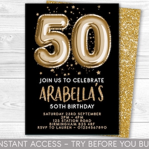 50th Birthday Invitation Editable 50th Invite Black Gold Invitation, Balloons, For Him or Her Instant Download Printable, ANY AGE