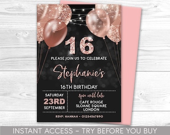 16th Birthday Invitation Editable 16th Invite Rose Gold Invitation, Balloons, For Him or Her Instant Download Printable, ANY AGE