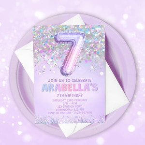 Editable 7th Birthday Invitation Template Rainbow Lilac Glitter Birthday Invite Foil Pastel Purple Girls 7th Birthday Download Printable
