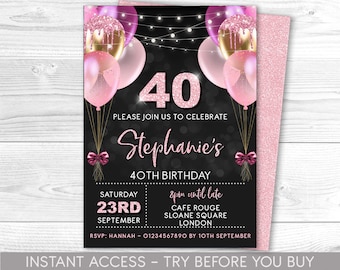 40. GeburtstagSeinladung zum 40. Geburtstag, 40. Einladung, Einladung, Ballons, Für Sie oder Ihn, Sofort Download, druckbar, ANY AGE