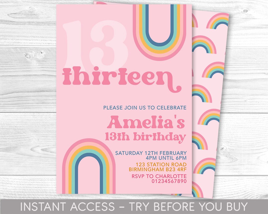 Editable 13th Birthday Invitation Template Rainbow Pink Birthday Invite ...