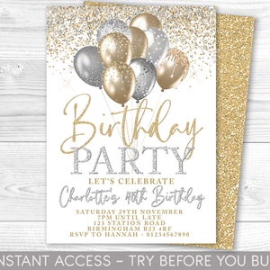 Faire-part d'anniversaire or et argent, invitation à une fête modifiable, invitation argent et or, ballons, téléchargement immédiat, imprimable, TOUT ÂGE