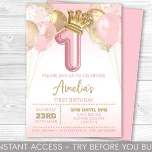 Eerste verjaardagsuitnodiging, roze prinsessenkroon 1e verjaardag uitnodigen, prinsessenfeest, afdrukbaar, digitaal bestand, pastelroze, ballonnummers