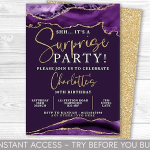 Surprise Party Invitation, Purple Gold Agate, Surprise Birthday Invite, Purple Invites, Surprise Party Invitations. Printable, ANY AGE