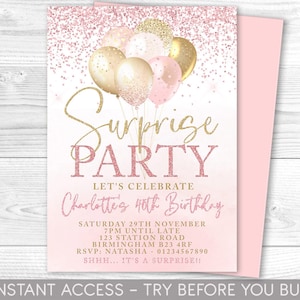 Pink und Gold Überraschung Geburtstagseinladung, bearbeitbare Party einladen, Pink Gold Einladung, Ballons, Sofort Download, druckbar, JEDES ALTER