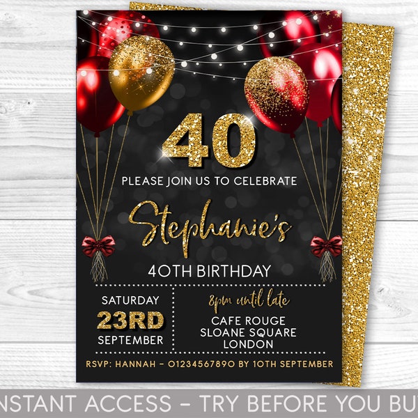 40th Birthday Invitation Editable 40th Invite Red Black Gold Invitation, Balloons, For Him or Her Instant Download Printable, ANY AGE