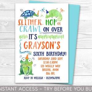 Reptile Birthday Party Invitation, Digital Printable Electronic Invite, Editable, Animal Handling Party, snake creepy crawly Party Invite