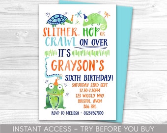 May include: A colorful invitation for a sixth birthday party with a green frog, a chameleon, and a turtle. The invitation says "Slither, Hop or Crawl on Over It's Grayson's Sixth Birthday!" with the date, time, and address below.