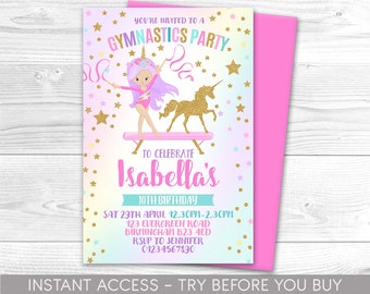 Könnte beinhalten: Eine rosa und blaue Einladung mit goldenen Glitzersternen für eine Turnparty. Die Einladung zeigt eine Cartoon-Turnerin mit einem Einhorn und den Text "You're invited to a Gymnastics Party. To celebrate Isabella's 10th Birthday. Sat 29th April 12.30pm-2.30pm 123 Evergreen Road Birmingham B23 4ED Rsvp to Jennifer 01234567890"
