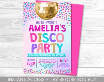 Uitnodiging voor discofeest, gepersonaliseerd, afdrukbaar, digitaal bestand, dansfeestuitnodiging, uitnodiging voor feest, discofeest, directe toegang
