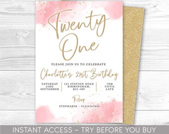 21st Birthday Invitation Editable 21st  Invite, Pink and Gold Invitation, For Her, Instant Download, Printable, watercolor, watercolour
