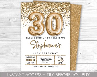 30th Birthday Invitation Editable 30th  Invite, White & Gold Invitation, Balloon Numbers, For Him or Her, Instant Download, Printable
