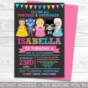 Op de afbeelding: Een roze en zwarte uitnodiging in krijtbord-stijl voor een verjaardagsfeestje. De uitnodiging heeft een kleurrijk banner met de tekst "Calling all princesses & superheroes!" en een cartoonafbeelding van Belle, Captain America, een prinses, Batman en Elsa. De tekst "Isabella is turning 4" is geschreven in regenboogkleuren. De uitnodiging bevat de datum, tijd en locatie van het feest. De tekst "RSVP to Jennifer - 01234567890" is inbegrepen. De uitnodiging vermeldt ook "Fancy dress welcome!"