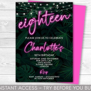 18th Birthday Invitation Editable 18th Invite pink neon black Invitation, Balloons, For Him or Her Instant Download Printable, ANY AGE