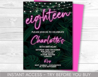 18th Birthday Invitation Editable 18th Invite pink neon black Invitation, Balloons, For Him or Her Instant Download Printable, ANY AGE