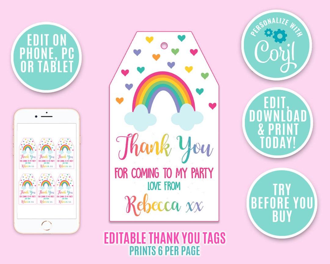 Editable Rainbow Thank You Tags Favor Tags Rainbow Birthday Girls ...