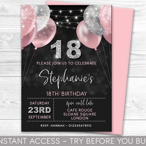 18th Birthday Invitation Editable 18th Invite Pink Silver Invitation, Balloons, For Him or Her Instant Download Printable, ANY AGE