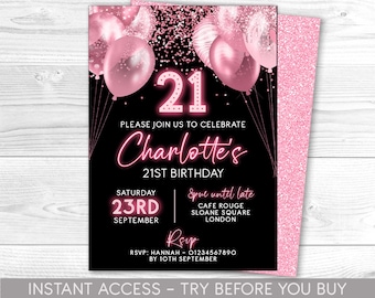 21st Birthday Invitation Editable 21st Invite pink neon black Invitation, Balloons, For Him or Her Instant Download Printable, ANY AGE