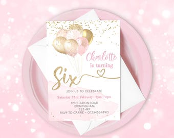 6th Birthday Invitation, Pink and Gold Balloons, Editable Party Invite, Girls sixth Birthday, Age 6, Balloons, Instant Download, Printable