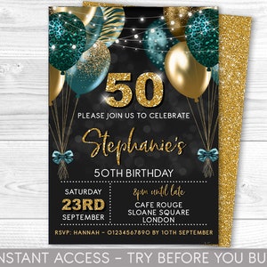 50th Birthday Invitation Editable 50th Invite Teal Green Gold Invitation, Balloons, For Him or Her Instant Download Printable, ANY AGE