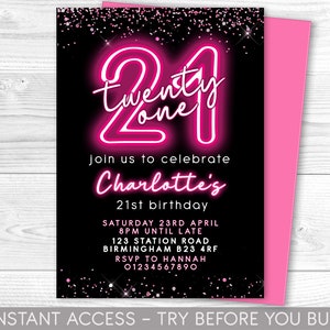 Puede incluir: Invitaci&oacute;n de cumplea&ntilde;os n&uacute;mero 21 en negro y rosa. El dise&ntilde;o presenta un "21" rosa ne&oacute;n con "Twenty One" encima. La invitaci&oacute;n incluye detalles para el cumplea&ntilde;os de Charlotte, fecha, hora, lugar e informaci&oacute;n de RSVP.