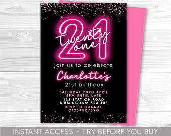 21st Birthday Invitation Editable 21st Invite pink neon black Invitation, Balloons, For Him or Her Instant Download Printable