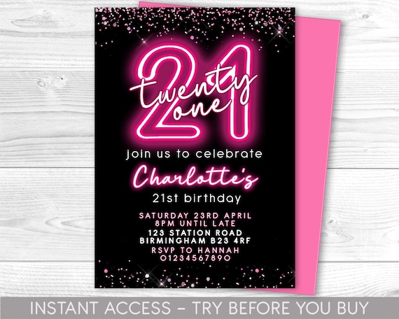 21st Birthday Invitation Editable 21st Invite pink neon black Invitation, Balloons, For Him or Her Instant Download Printable