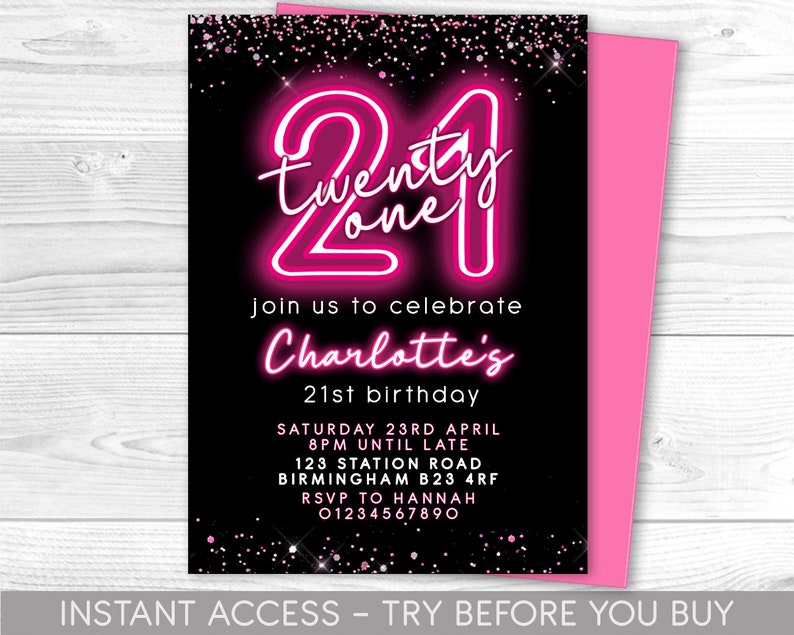 Puede incluir: Invitaci&oacute;n de cumplea&ntilde;os n&uacute;mero 21 en negro y rosa. El dise&ntilde;o presenta un "21" rosa ne&oacute;n con "Twenty One" encima. La invitaci&oacute;n incluye detalles para el cumplea&ntilde;os de Charlotte, fecha, hora, lugar e informaci&oacute;n de RSVP.