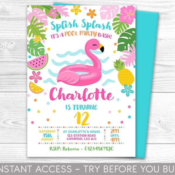 Pool Party Invitation Flamingo Pool Float Splish Splash Pool Party Bash pool party invitations, Instant Download Editable Printable Corjl