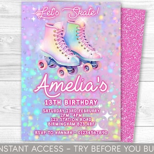 Roller Skating Invitation, Personalised, Printable, Digital File, Lilac, Roller Skate Invite, Party Invitation, Roller Disco, Instant Access