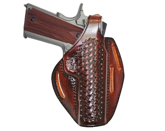 Leather Holster For Colt 1911 - Basket Weave - 3 Slot Belts - Genuine Leather - Thumb Break