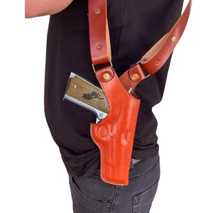 Leather Shoulder Holster Fits Glock 17, 19, 21, 26, 27, 30, 42, 43, 43X - Geniune Leather - Vertical Posture