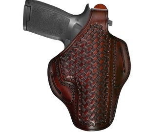 Coldre de couro para Glock 17, 19, 21, 26, 27, 30, 42, 43, 43X - quebra de polegar - trama de cesta - couro legítimo