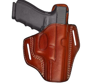 Leather OWB Holster Fits Glock 17, 19, 21, 26, 27, 30, 42, 43, 43X - Geniune Leather - Right or Left Handed