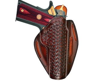 Leather OWB Holster Fits Colt 1911  - 3 Slot Belt - Basket Weave - Genuine Leather