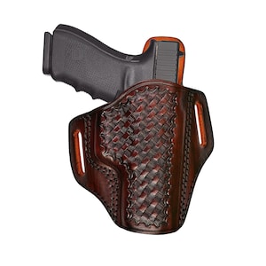 Leather OWB Holster Fits Glock 17, 19, 21, 26, 27, 30, 42, 43, 43X - Geniune Leather - Basket Weave