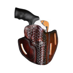Leather Holster Fits SW Model 686, 586, 637, 60 - Genuine Leather - 3 Slot Style - Fast Draw - Basket Weave