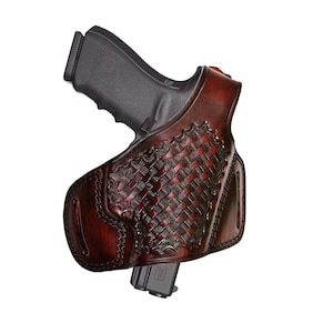 Pancake Leather Holster Fits Glock 17, 19, 21, 26, 27, 30, 42, 43, 43X - Basket Weave - Genuine Leather