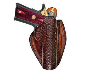 Fondina in pelle adatta per Glock 17, 19, 21, 26, 27, 30, 42, 43, 43X - Stile a 3 slot - Vera pelle - Estrazione rapida - Intreccio a canestro