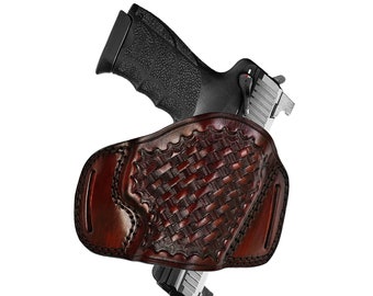 Funda de cuero tipo panqueque hecha a mano: compatible con CZ 75B, SP01, P01, P10S y Shadow 2