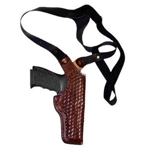 Leather Shoulder Holster Fits Glock 17, 19, 21, 26, 27, 30, 42, 43, 43X - Vertical Posture - Basket Weave - Genuine Leather