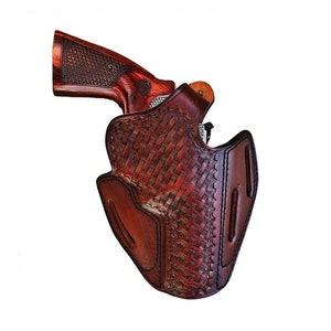 Leather Belt Fits SW Model 686, 586, 637, 60 - Genuine Leather - 3 Slot Style - Revolver Leather Holster - Basket Weave