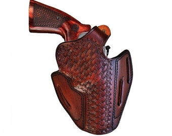 Leather Belt Fits SW Model 686, 586, 637, 60 - Genuine Leather - 3 Slot Style - Revolver Leather Holster - Basket Weave