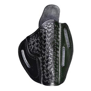May include: Black leather holster with a woven pattern. The holster has a cut-out for a gun and a belt loop.