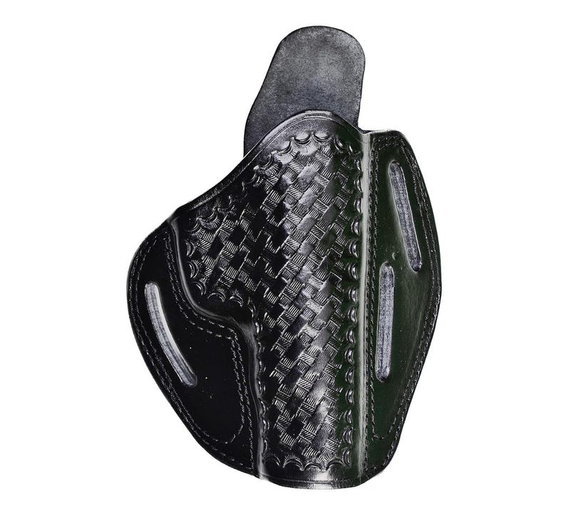 May include: Black leather holster with a woven pattern. The holster has a cut-out for a gun and a belt loop.