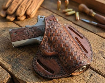 Lederholster für Colt 1911 - Korbgeflecht - 3 Schlitzgürtel - Echtleder - Daumenstopp